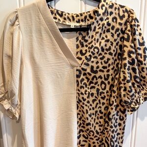 Jodifl Leopard Print and Beige Contrast Puff Sleeve Blouse